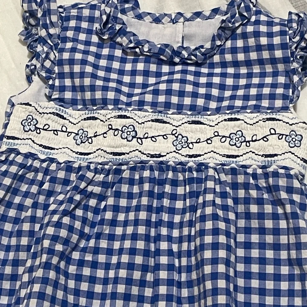 Bonnie Baby Blue Checkered Bodysuit with Floral Embroidery